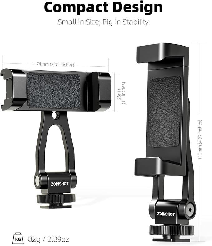 All Metal Phone Tripod Mount, 360° Rotation Tripod Phone Mount with 2 Cold Shoes, Adjustable Cell Phone Mount Adapter with 1/4" Thread, Compatible with iPhone Android Phones, Digital Camera
