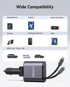 Car Phone Charger Adapter 2Pack Retractable Car Charger 4in1 Fast Charging Dual Retractable Cables 31.5 Inch Multiple Ports Charging Station Compatible with iPhone 16/15/14/13/12/11 Pro Max/Samsung
