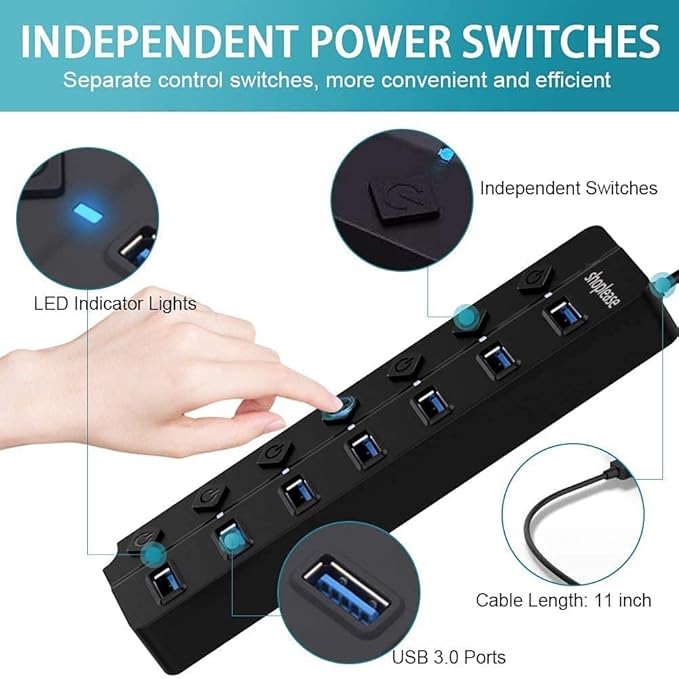 USB 3.0 Splitter, 7-Port USB 3.0 Hub with Individual Power Switches and Lights, Portable Expansion Data Hub with 5V/2A Power Adapter for Windows 10, 8.1, 8, 7, Vista, XP, Linux, Mac OS X