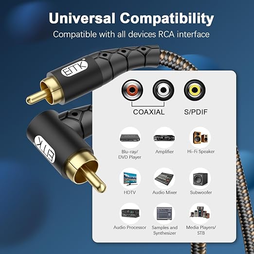 EMK 90 Degree RCA Subwoofer Cable 24K Gold-Plated Connector Nylon Braided Double Shielded – Support Digital & Analog Signals for Amplifier, Home Theater, Hi-Fi System,Subwoofer Black/25ft/8m