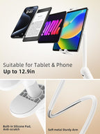 SAIJI Gooseneck Tablet Holder for Bed, One-Hand Adjustable, 47" Length, Upgraded Base, iPad Holder Stand Flexible Lazy Arm, Compatible with iPad/iPhone/Kindle/Switch or Other 4.7-13" Device (White)