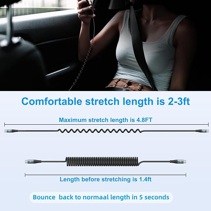 2Pack Coiled USB C to USB C Charger Cable for Car, Type C Fast Charging USBC Charger Cord Compatible with 15/15 Plus/15 Pro/15 Pro Max/Samsung Galaxy S23