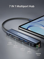 USB C Hub Ethernet, DockteckExpand 7-in-1 Multiport Adapter Type C to 4K@60Hz HDMI, Gigabit Ethernet, 100W PD Charging, 2 USB 3.0, SD/TF Card Readers, for MacBook Pro/Air, iPad Pro/Air, XPS and More