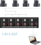 3.5mm Aux + RCA L/R Audio Splitter 1 in 4 Out, BolAAzuL 4-Way Stereo Audio Distributor Box 4-Channel Stereo RCA Splitter 1x4 for DVD Player, Game Console, Headphones, Speaker - w/Power