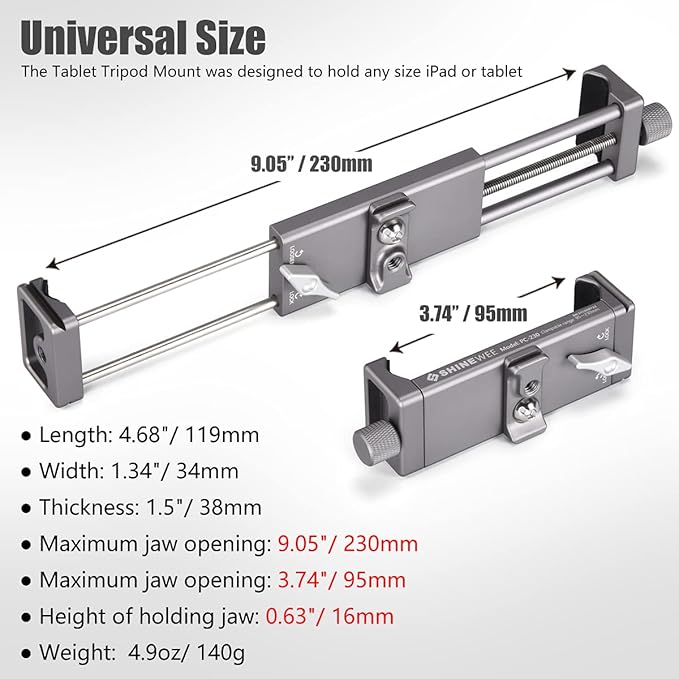 Full Metal Tablet Tripod Holder – Compatible with iPad mini, Air, Pro | 1/4" Screw & ARCA Dovetail Mounts | Universal Tablet Clamp Adapter