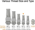LeMotech 10Pcs NPT 3/8" IP68 Waterproof Cable Gland Flex Spiral Strain Relief Grey Nylon Joint with Gaskets for 5-10mm Wire Thread