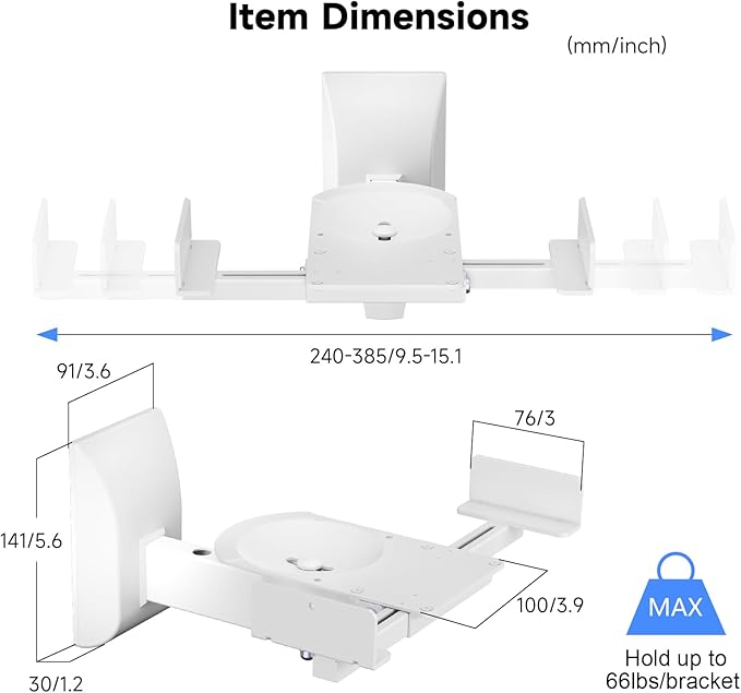 suptek Large Dual Side Clamping Bookshelf Speaker Wall Mounting Bracket for Large Surrounding Sound Speakers, Hold up to 66lbs White SPM201XLW