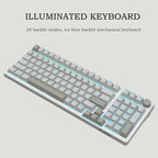 FIRSTBLOOD ONLY GAME. AK992 Retro Wired Mechanical Keyboard, 98 Keys Full Layout, Hot-Swappable USB Gaming Keyboard with Red Switches, Multimedia Keys Knob, Blue Backlit, Anti-Ghosting, Grey