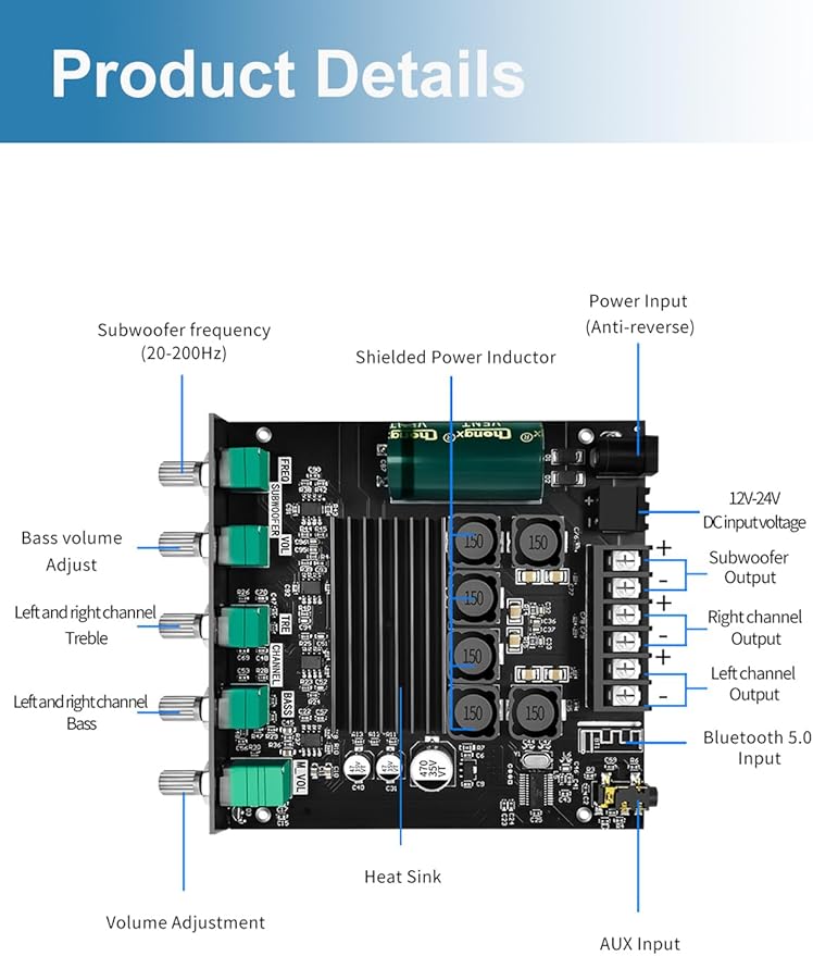 50W+50W+100W Amplifier Board with Treble and Bass Control, Bluetooth 5.0 HiFi 2.1 Channel Subwoofer Stereo Amplifier Board, Dual TPA3116D2 Chip BT and AUX Inputs for DIY Wireless Speakers (ZK-TB21)