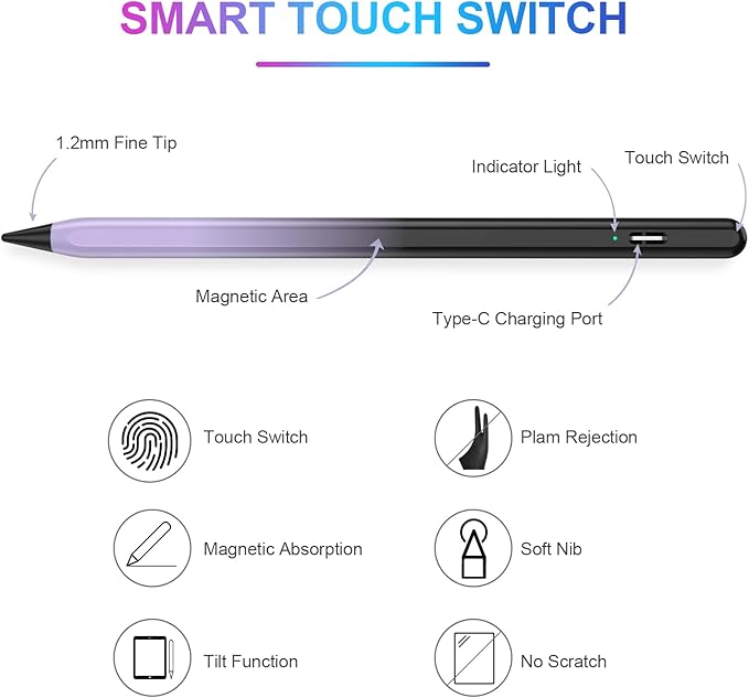 Stylus Pen for iPad 2018-2023 with Palm Rejection, Active Pencil for iPads 10th/9th/8th/7th/6th Gen, for iPad Pro11/12.9 inch, for iPads Air 5th/4th/3th, for iPad Mini 6th/5th Gen(Black and Purple)