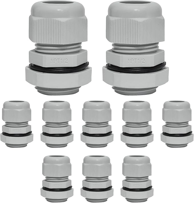 10 Pcs 1/2" NPT Nylon Cable Glands, IP68 Waterproof Adjustable Cord Grip Cable Connector Strain Relief Wire Protectors for 6-12mm Cable Diameter, Grey