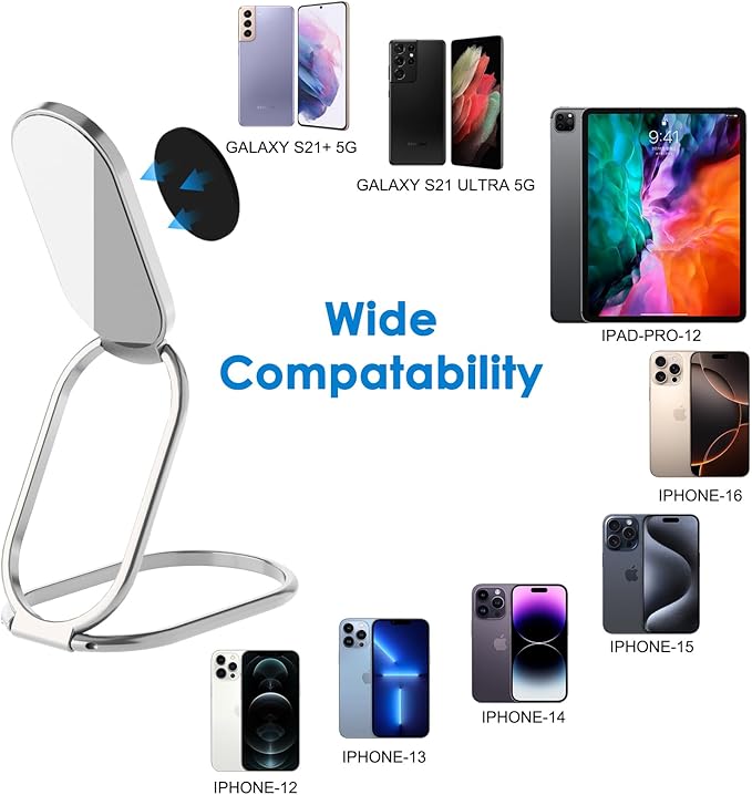 Phone Ring Holder Finger Kickstand, 360° Rotation Metal Phone Grip for Magnetic Car Mount Foldable Cell Phone Stand Compatible with Most Smartphones Silver