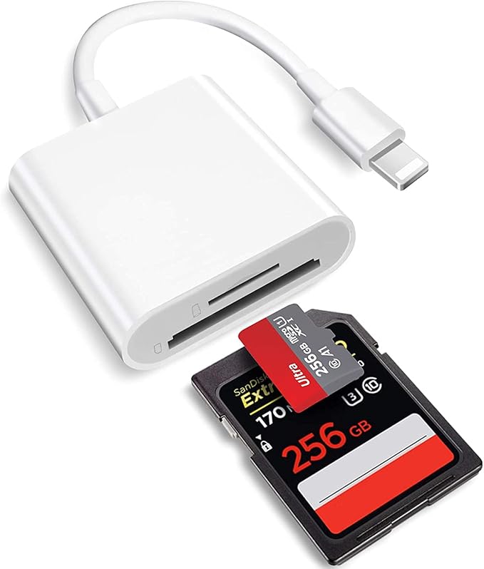 2 in 1 Lightning to SD Card Reader for iPhone, [Apple MFi Certified] Dual Slot Micro SD TF Trail Game Camera Memory Card Reader Adapter, Quickly Transfer Photos Videos Plug and Play