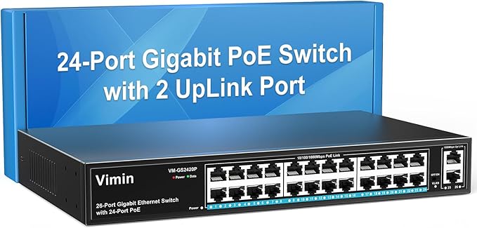 24 Port Gigabit PoE Switch with 2 Uplink Gigabit Ports, VIMIN 26 Port Unmanaged PoE Ethernet Switch with 320W Power, Support IEEE802.3af/at, VLAN, Metal Housing, 19 inch Rack-Mount, Plug and Play