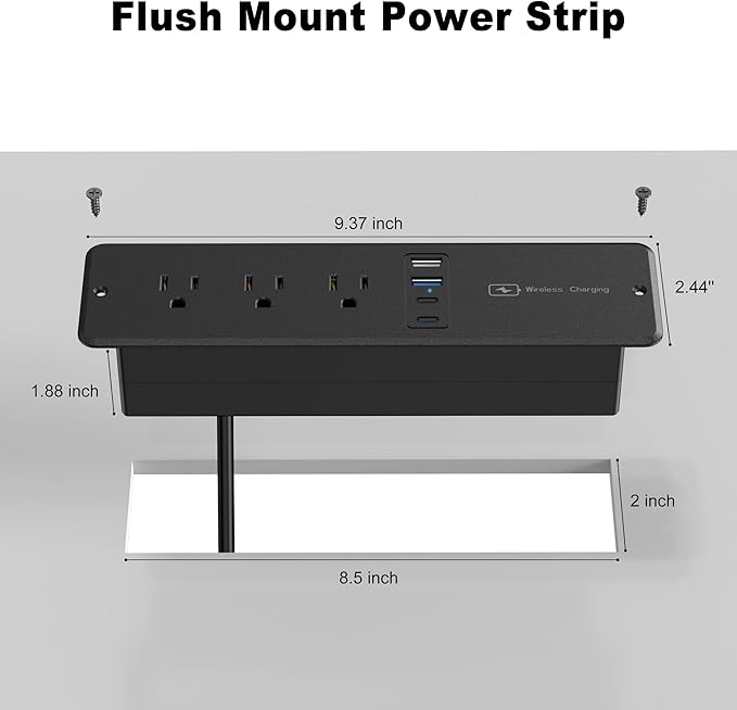 8 in 1 Recessed Power Strip with 15W Wireless Charger, 20W Fast Charging Furniture Outlet, Plug in 3 AC Outlets & 4 USB Ports Flush Mount, 10FT Cord