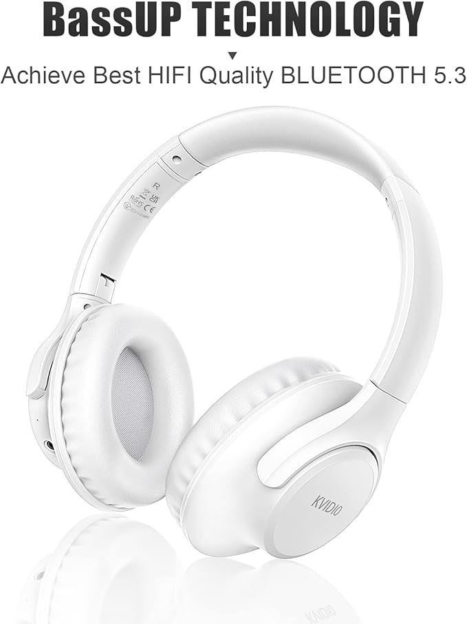 KVIDIO Bluetooth Headphones Over Ear, 65 Hours Playtime Wireless Headphones with Microphone, Foldable Lightweight Headset with Deep Bass, HiFi Stereo Sound Low Latency for Laptop PC Cellphone