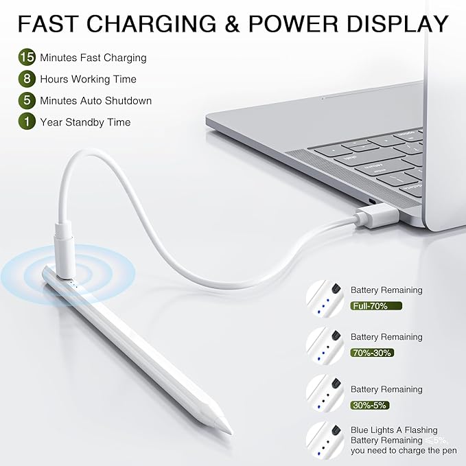Stylus Pen for iPad 2018-2025, Fast Charging Magnetic Pencil (1st Generation) with Tilt Sensitivity & Palm Rejection for iPad Air 3/4/5/M2/M3, iPad mini 5/6, iPad 6/7/8/9/10/11, iPad Pro 11"/12.9"/M4