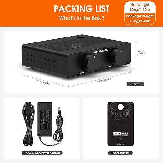 Douk Audio A5 2 Channel TPA3255 Stereo Amp, 300 Watts x2 Mini Hi-Fi Audio Power Amplifier Class D for Home Theater System, Passive Bookshelf Tower Speakers with High-Pass Filter + 32V Power Supply