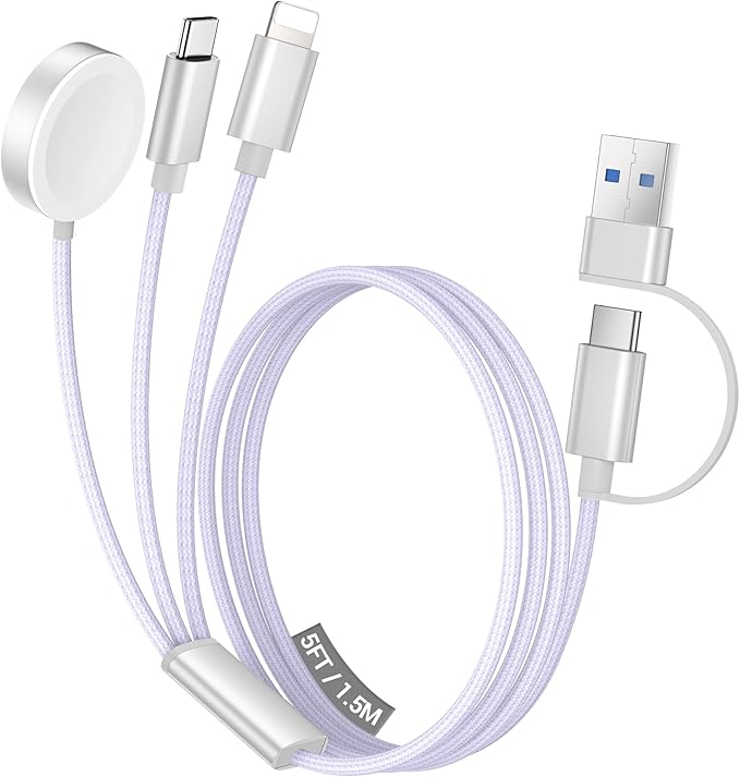 Temdan for Travel Vacation Essentials,3 in 2 USB C Cable for Apple Watch Charger/iPhone 16 Charger/Lightning,Multi Charging Cable Cord,Camping Essentials,Designed for iWatch &iPhone 16-12-5FT Purple