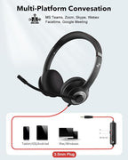 USB Headset with Mic for PC, On-Ear Computer Laptop Headphones with Noise Cancelling Microphone Control for Home Office Online Class Skype Zoom (3.5mm, Black)