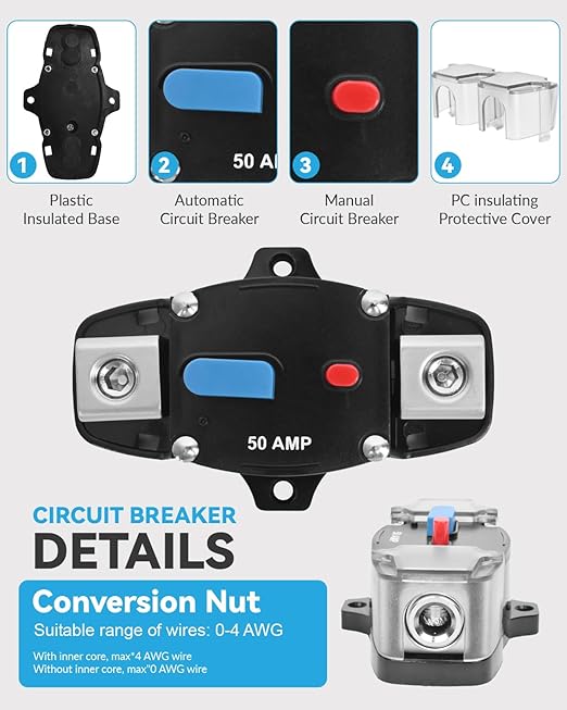 30 Amp Circuit Breaker 12-48 Volt DC 30A Self Recovery Resettable High Amp Circuit Breaker with Manual Reset Button for Automotive RV Marine Boat Car Audio and Amps Protection