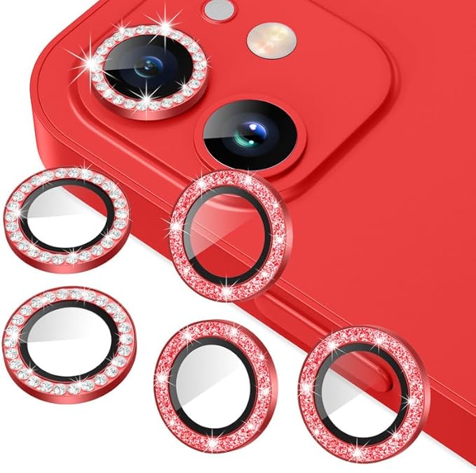 AGVEE 3+3 6 Pack for iphone 12 Pro/12/12 Mini/11 Pro Max/11 Pro/11 Camera Lens Cover Protector, Bling Diamond & Bling Glitter Metal Ring 9H Tempered HD Glass Camera Protector, Bling-Red