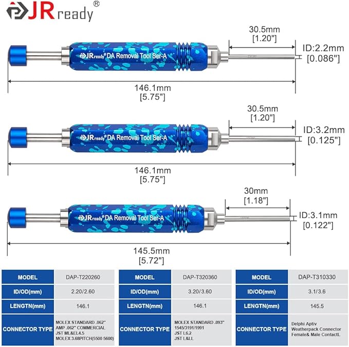 JRready ST5289 Tube Type Ejector Rod Contact Pin Extraction Tool for Molex .062" & .093”/HARTING/TE Heavy Duty/Weather Pack/AMP 4.2/6.35/2.13/CPC/RT360 Contacts, Terminal Insertion Toolsl, 9PCS