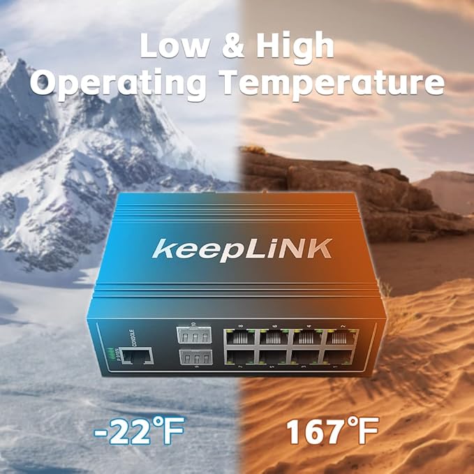 10-Port Industrial Gigabit PoE Switch, Managed with 8 PoE+@130W, 2 SFP Slots, DIN Rail Network Switch, IP40, Operating Temperature Range of -30° – 75°C (-22° – 167°F), Lifetime Protection