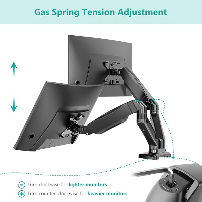 WALI Dual Monitor Mount, Monitor Arms for 2 Monitors Fully Adjustable Gas Spring Desk Mount Swivel Mounting Holes Bracket with C Clamp, Grommet Base for Display Up to 32 Inch 19.8lbs (GSMP002), Black