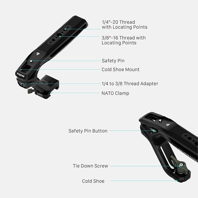 Tilta Xeno Top Handle for Filmmakers & Cameras - Black | Aluminum Alloy and Silicone Build | 1/4″-20 and 3/8″-16 Threads w/Locating Points | Safety Release Pin | Comfortable Handling (NATO)