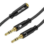 Headset Splitter Cable for PC 3.5mm Crystal-Nylon Braid Female to Dual 3.5mm TRS Male Headphone Mic Audio Y Splitter Cable CTIA Gaming Headset to PC Adapter - Matte Black 0.3M