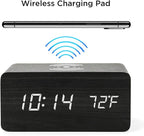 OCT17 Alarm Clock with Qi Wireless Charging Pad Compatible with iPhone Samsung Wood LED Digital Clock Sound Control Function, Time Date, Temperature Display for Bedroom Office Home - Black