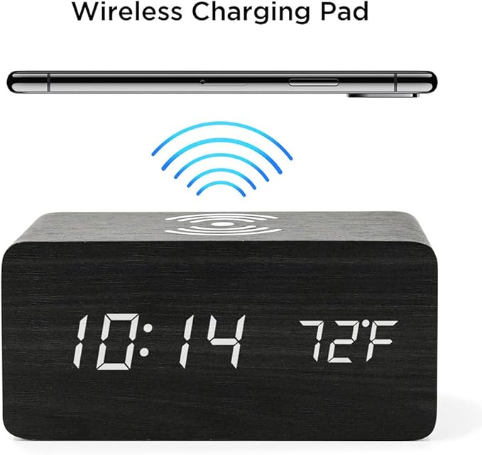 OCT17 Alarm Clock with Qi Wireless Charging Pad Compatible with iPhone Samsung Wood LED Digital Clock Sound Control Function, Time Date, Temperature Display for Bedroom Office Home - Black
