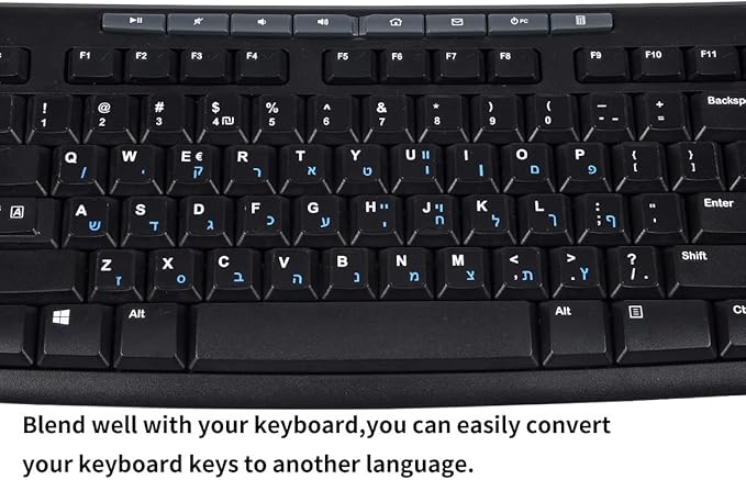 2PCS Hebrew English Keyboard Stickers Black Background with Blue Letters Replacement Stickers for PC Computer Laptop Notebook Desktop Keyboards -Each Unit: 0.43" x 0.51"