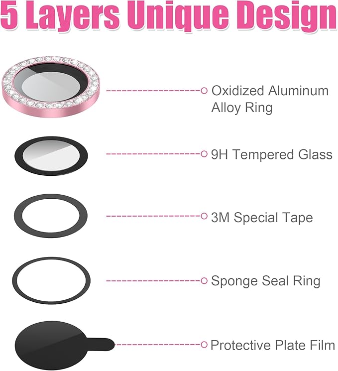 AGVEE 3+3 6 Pack for iPhone 12 Pro Max 6.7" Camera Lens Cover Protector, Bling Diamond & Bling Glitter Metal Ring 9H Tempered HD Glass Camera Cover Protector Film, Bling-Pink