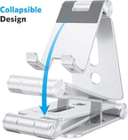 OMOTON Foldable Cell Phone Stand, C4 Portable Aluminum Phone Holder, Adjustable Phone Dock Cradle Compatible with iPhone 16/15/14/13 Pro Max, Samsung Galaxy, Small Tablets, All Smart Phones, Silver