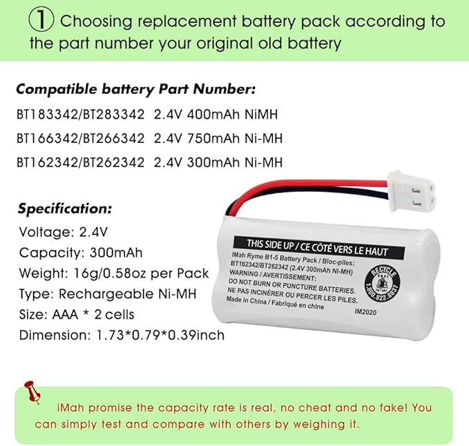 iMah BT162342/BT262342 2.4V 300mAh Ni-MH Cordless Phone Battery Pack, Also Compatible with BT183342/BT283342 AT&T EL52351 TL90070 VTech CS5119 DS6511 DS6722 LS6305 Handset, 5-Pack