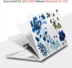 Teryeefi for MacBook Air M4 M3 M2 13.6 inch Case 2025 2024-2022,Fit Model A3240 A3113 A2681, Laptop Hard Shell Cases with Keyboard Cover & Screen Protector for MacBook Air 13.6", Blue Plant Flower