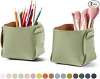 HOMIEAZICOZI 2-Pack Cork Leather Desk Accessories Storage - Pencil Pen Holder - Makeup Brush Holder Organizer - Stylish Addition to Home Decor (Light Green)