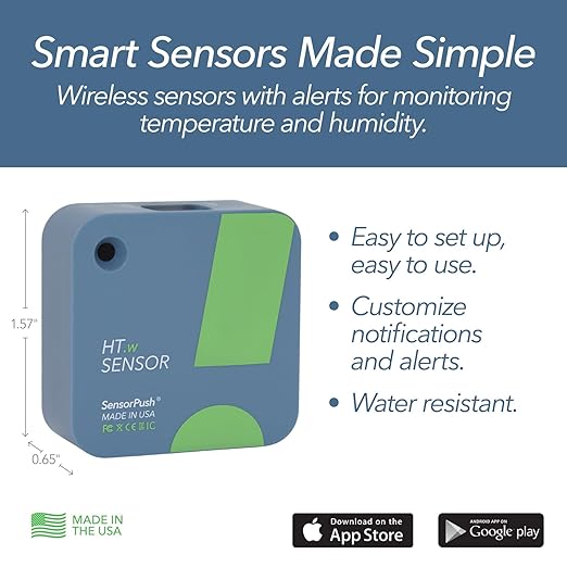 SensorPush HT.w Smart Temperature Sensor & Humidity Sensor - Bluetooth Thermometer and Hygrometer with App Monitoring - Water Resistant Temperature and Humidity Monitor for RV, Basement, Fridge & More