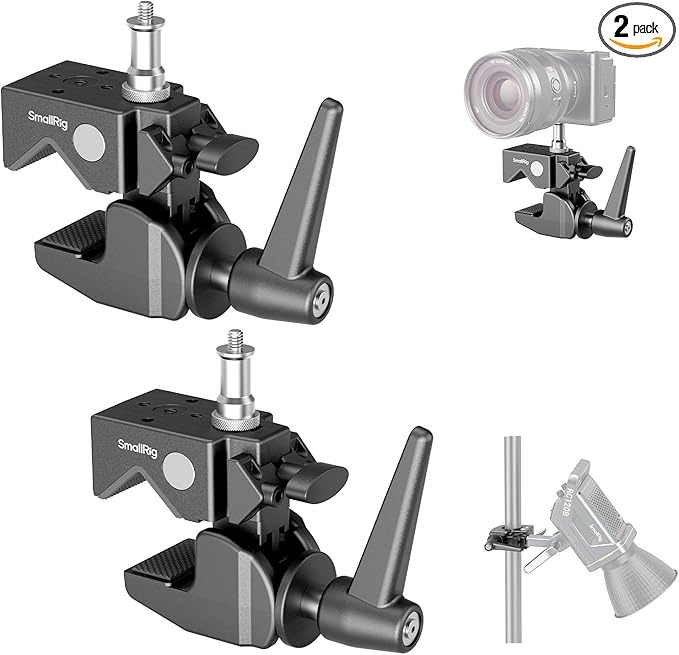 SmallRig Super Clamp Kit 2-Pack, Heavy Duty Max Load 33lb /15kg, with a 1/4"-20 & a 3/8"-16 Top Screw on a 5/8" Stud, for Photography Studio Video Camera Lighting, for Round Pipe and Flat Surface 5318