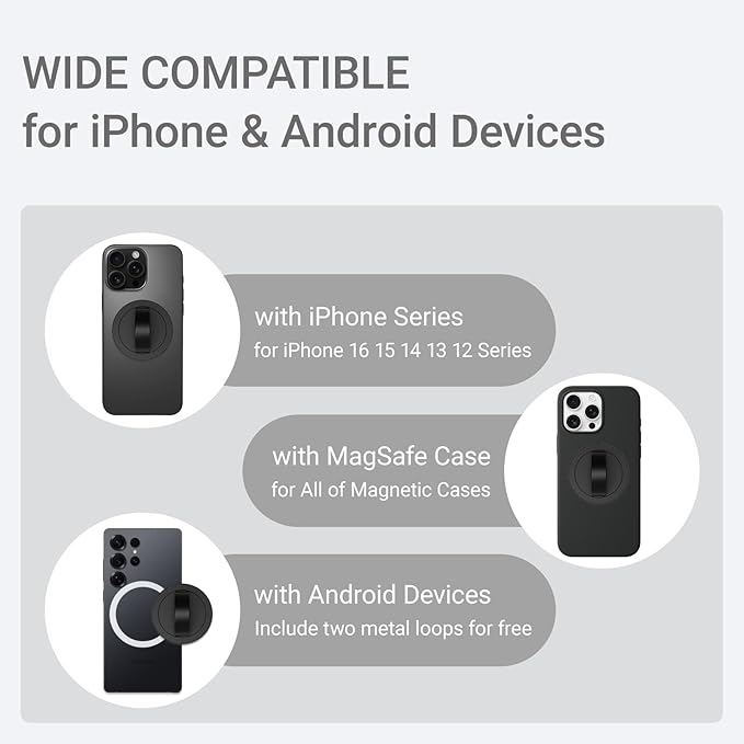 Grat 3 Lite Magnetic Phone Loop, [Nylon-core Silicone Strap] 360° Rotatable Phone Grip, Detachable Finger Holder Compatible with Magsafe for iPhone 16 15 14 13 12 Pro/max, Black