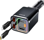 4 in 1 Retractable Car Charger for iPhone,69W USB-C Fast Car Charger,Cigarette Lighter Adapter,Fast Charging for iPhone 16/15/14/13/12/11 Pro Max,Galaxy,iPad,Pixel (USB-C&Light-ning) Alloy Black