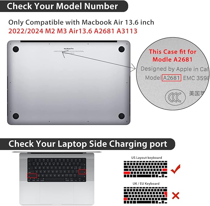 Compatible with MacBook Air 13.6 inch Case 2025 2024 2023 2022 Release M4 A3240 M3 A3113 M2 A2681 with Touch ID, Plastic Hard Shell Case&Keyboard Cover&Screen Protector&Webcam Cover, Bows-b