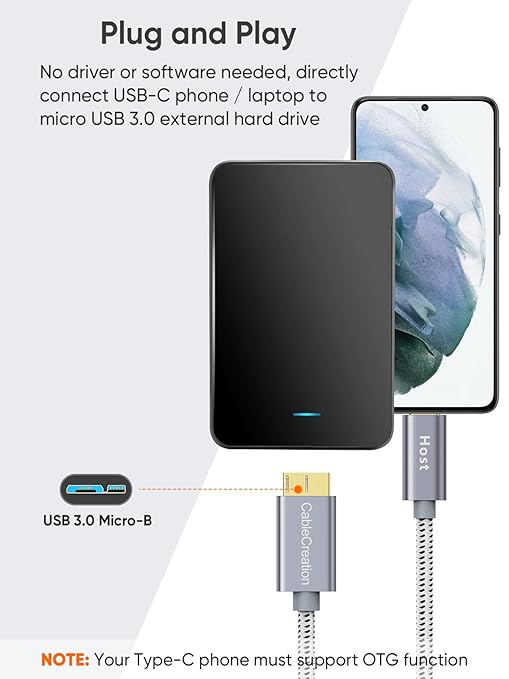 CableCreation 2FT USB C to Micro B Cable,10Gbps Speed External Hard Drive Braided,USB 3.1 Type C to Micro B Work for iPhone 15 Series,Seagate WD Westgate My Passport,MacBook Pro/Air, iPad/Tablet,Grey