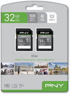 PNY 32GB Elite Class 10 U1 V10 SDHC Flash Memory Card - 100MB/s, Class 10, U1, V10, Full HD, UHS-I, Full Size SD (Pack of 2)