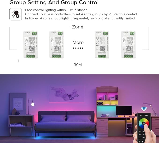 BTF-LIGHTING 5050SMD FCOB COB RGBCCT RF 2.4GHz Wireless Remote RC03RFB &2PCS C05RF Tuya Controller Kit 4 Zones Group Control PWM RGBWW (+ R G B C W) 6pin LED Strip DC5V DC12V DC24V