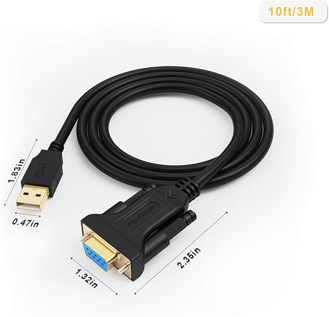 CableCreation USB to RS232 Serial Adapter (FTDI Chip), 10 Feet USB to DB9 Female Converter Cable for Windows 11, 10, 8.1, 8, 7, Vista, XP, 2000, Linux and Mac OS X, macOS, 3 Meters/Black
