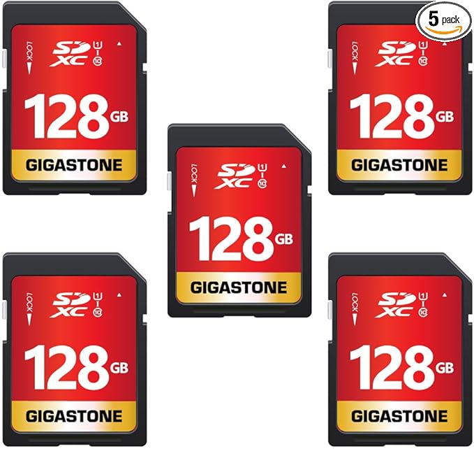 GIGASTONE 128GB SD Card 5-Pack UHS-I U1 Class 10 SDXC Memory Card Full HD Video for Canon Digital Camera, Full-Sized SD Card, with 5 mini case