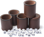 5 Pack PU Leather Dice Cups Velvet Felt-Lined Shaker Cups with 25 Dot Dice for Bar Party Yahtzee Farkle Dice Games, Brown